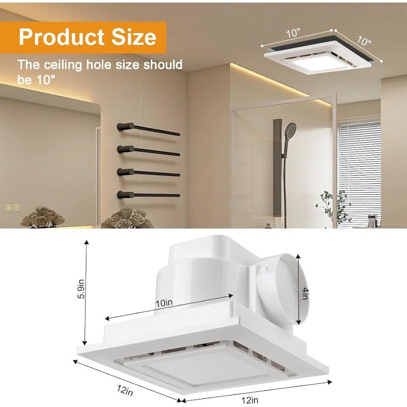 Bathroom Exhaust Fan with Light 12×12 IN Panel, Mounting Opening 10×10 IN 135CFM