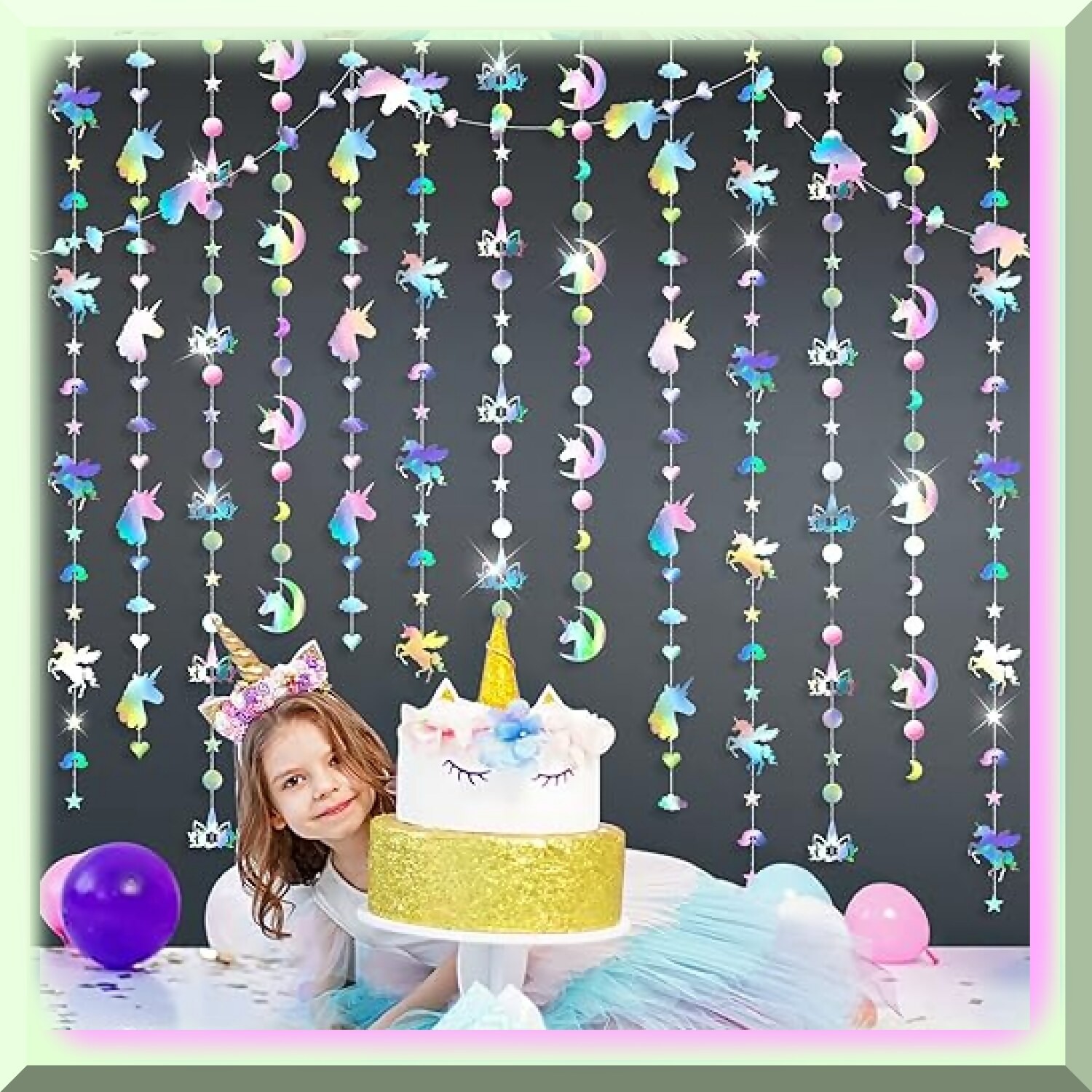 Unicorn Party Decorations with Iridescent Swirls and Garland