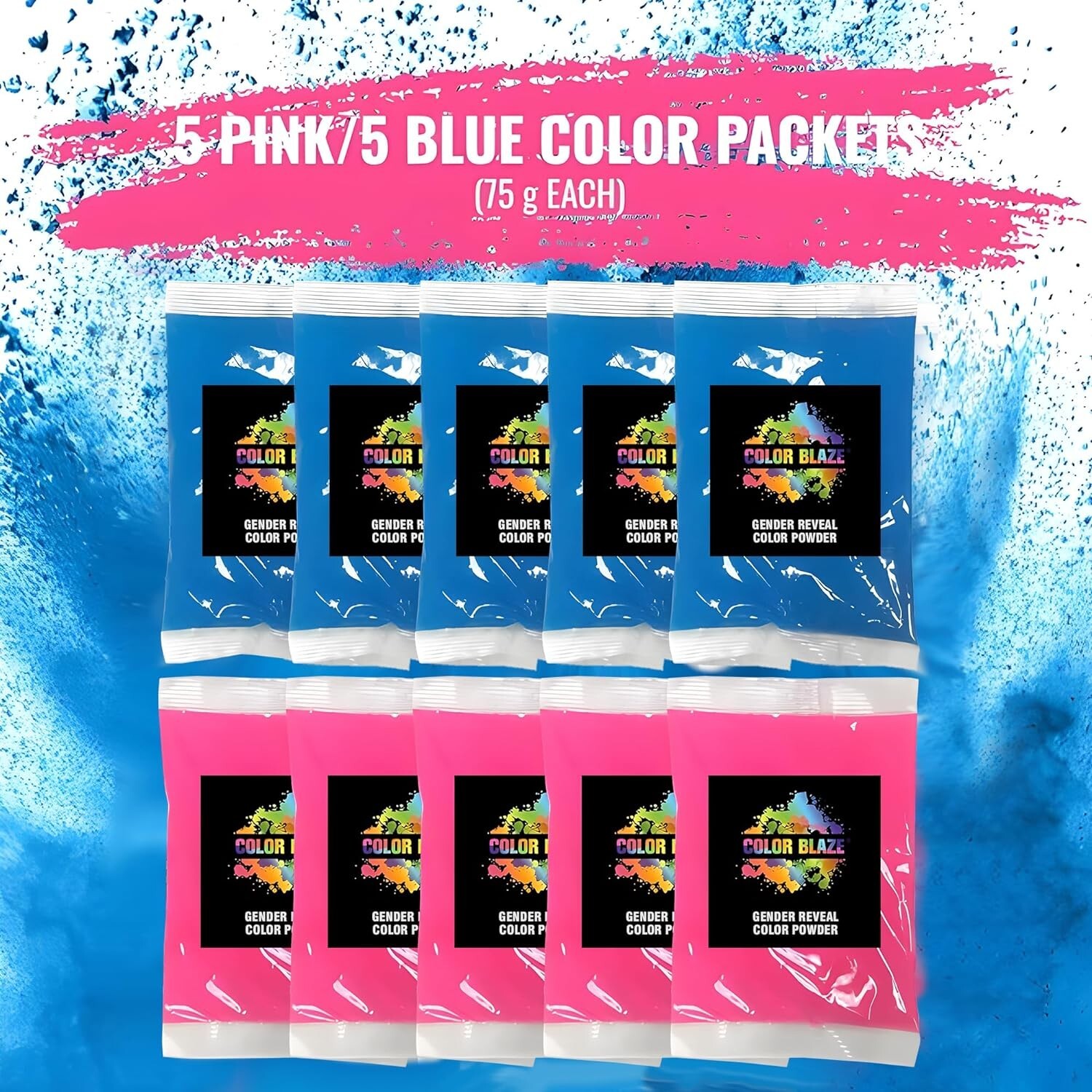 Color Blaze Gender Reveal Powder 75g Packets – Set of 10 (5 Pink / 5 Blue) Baby