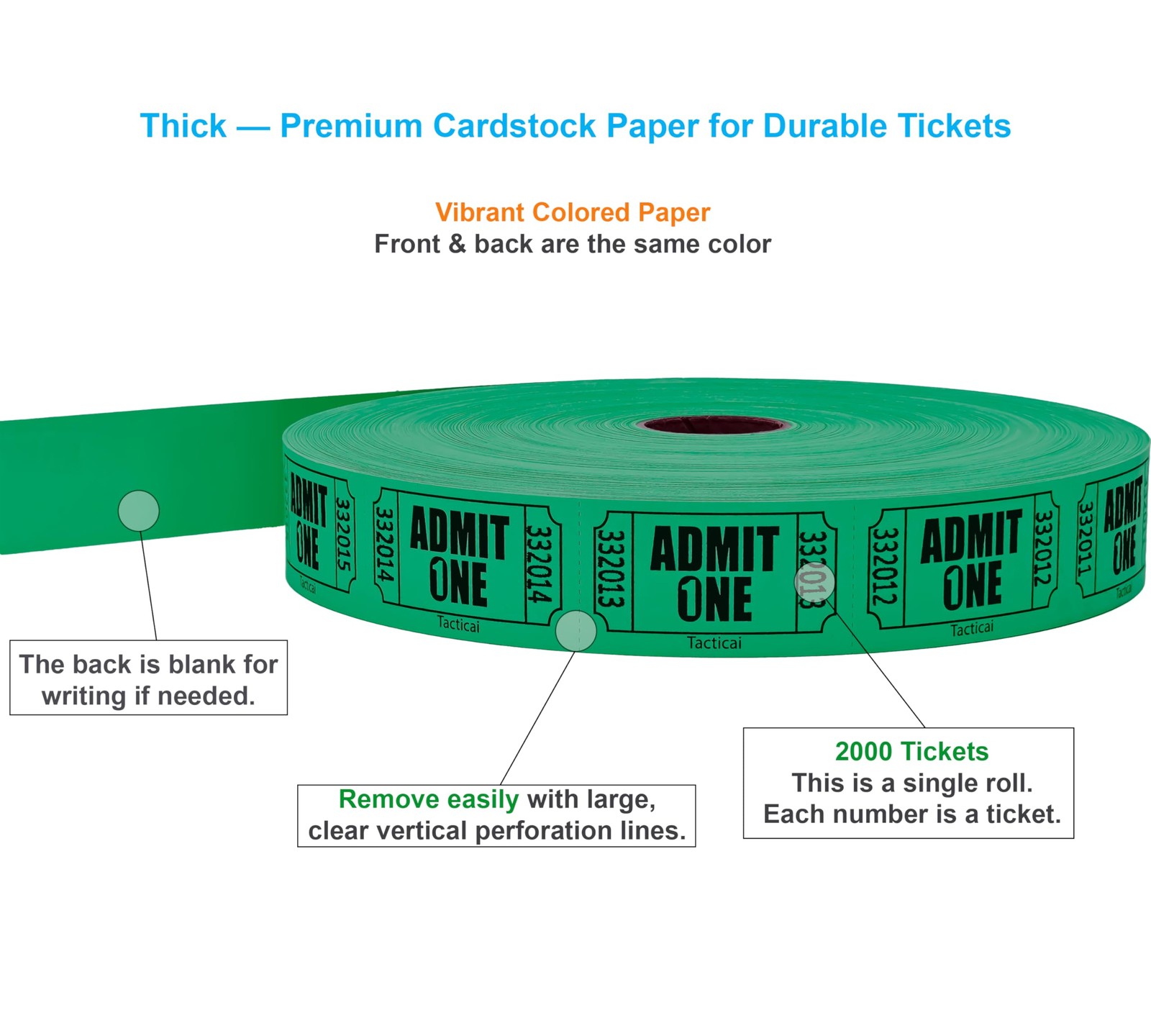 Tacticai 2000 Admit One Raffle Tickets, Single Roll, Green