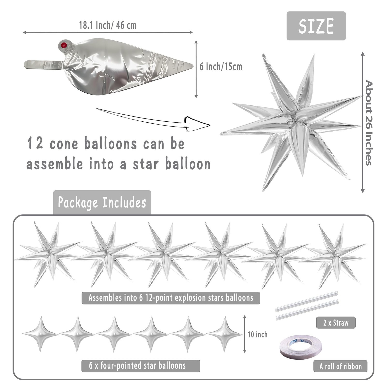 78 Pcs Silver Star Foil Balloons, 12 Point Spike Explosion Cone Mylar Balloon…