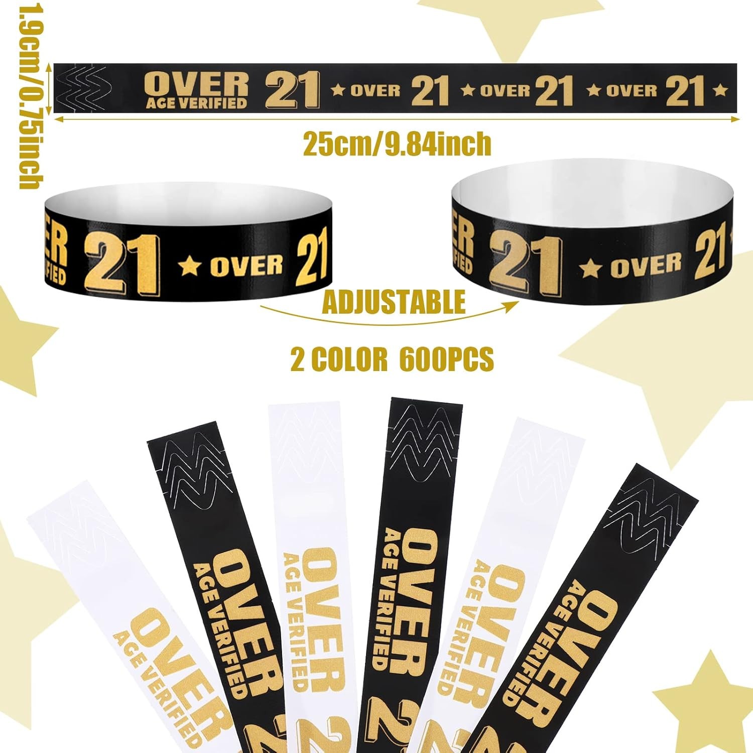 600 Pcs Over 21 Wristbands for Events Colored one size, Black, White, Gray