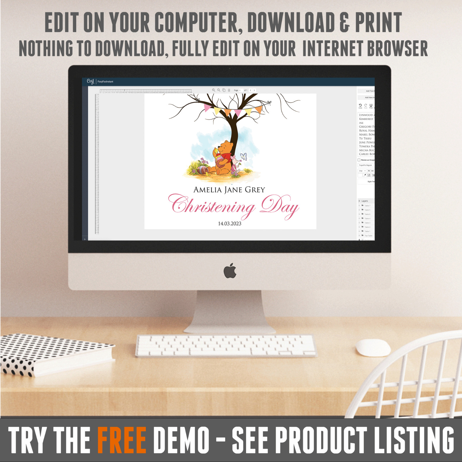 Winnie the Pooh Instant Download Editable Finger Print Tree Nursery Gift Idea
