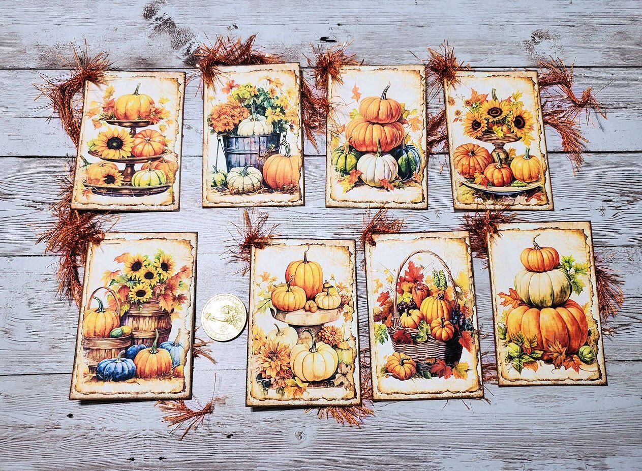8-Fall-Autumn-Farmhouse-Pumpkins-Junk Journal-Linen Cardstock-Gift-Hang-Tags