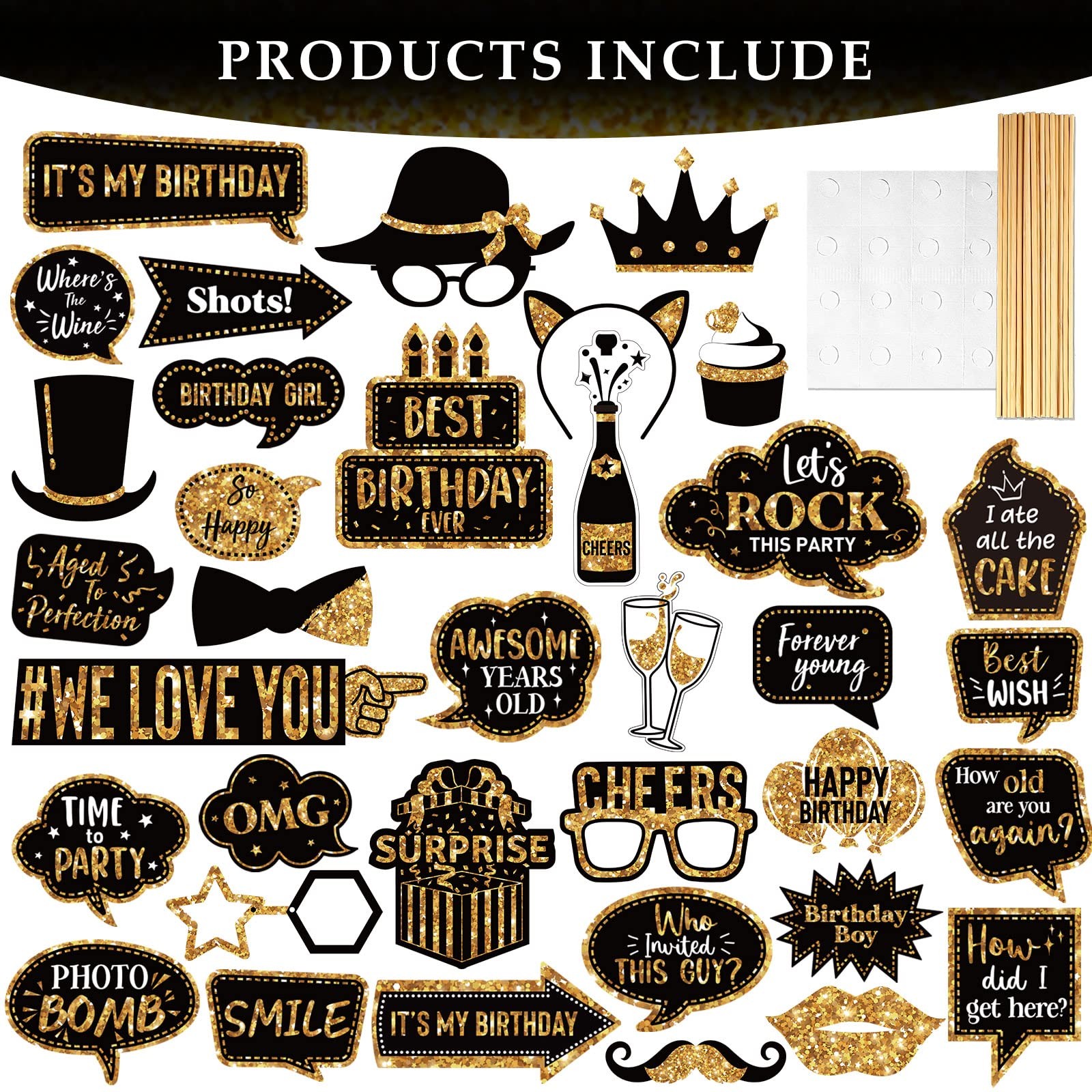 Outus 36 Pcs Birthday Photo Booth Props Kit Happy Gold and Black