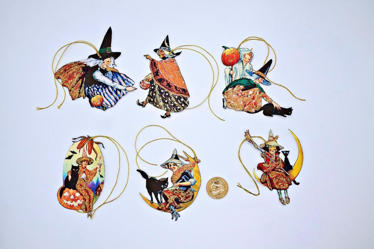 6~Halloween~Vintage~Fussy Cut~Glitter~Linen Cardstock~Gift~Hang~Tags~Ornaments