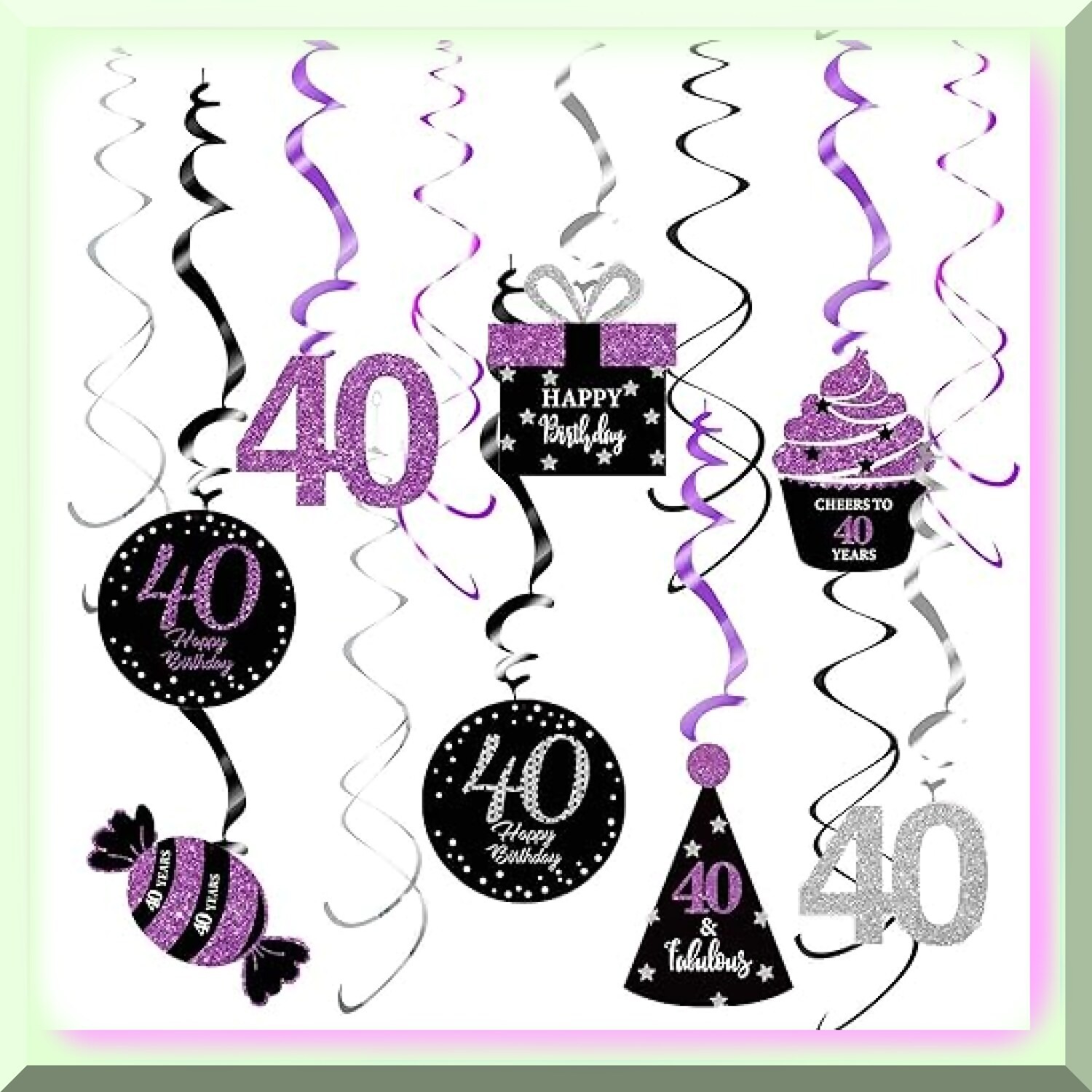 40th Birthday Swirl Decorations Purple Silver Black 15 Pieces