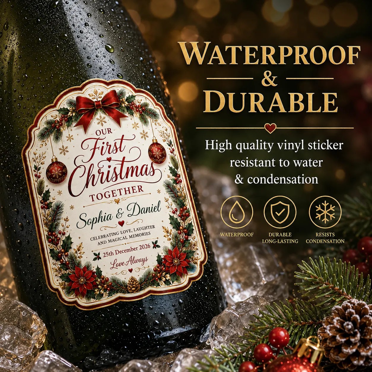 Personalised First Christmas Together Bottle Label Sticker Custom Wine Gift