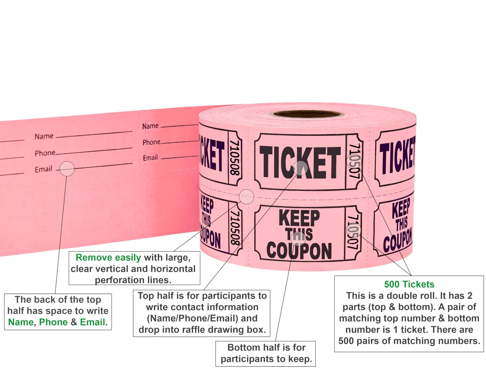 Raffle Tickets 500 Count Double Roll, Entry Tickets For Events And Fundraisers