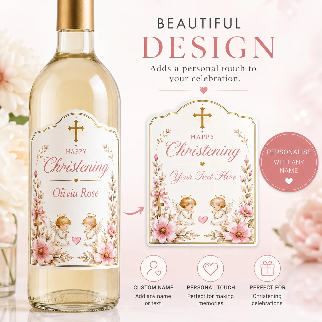 Personalised Christening Bottle Label Sticker Custom Name Gift Celebration