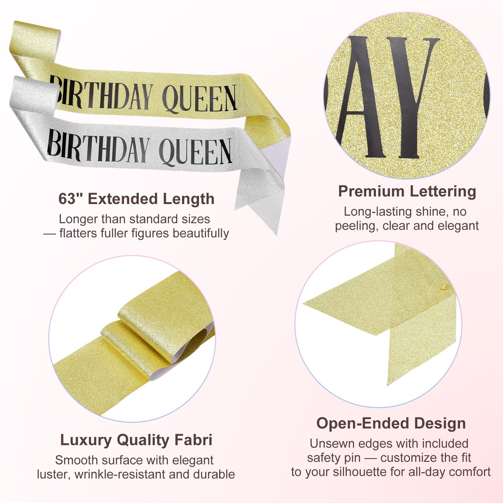 2-Pack Birthday Sash, Sequined Fabric Birthday Gifts [Black Text, Silver Gold]