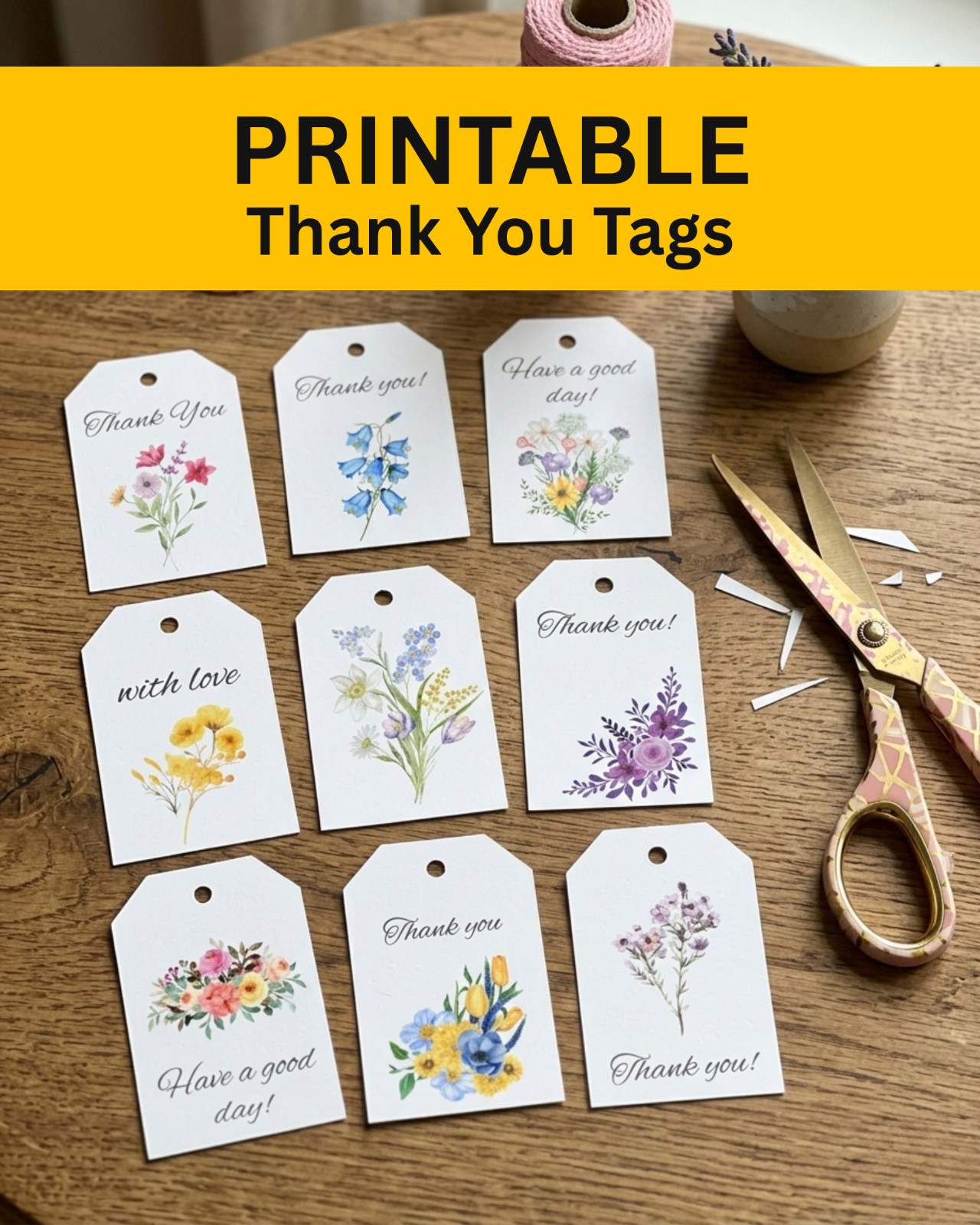 Digtial Thank You Tags Printable 9 Floral Designs on A4 Size Sheet Favour Tags