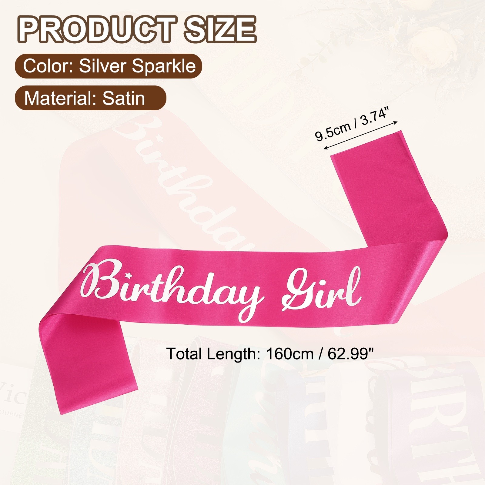 Birthday Girls Sash with Pin Silver Sparkle Lettering for Birthday Party, Pink