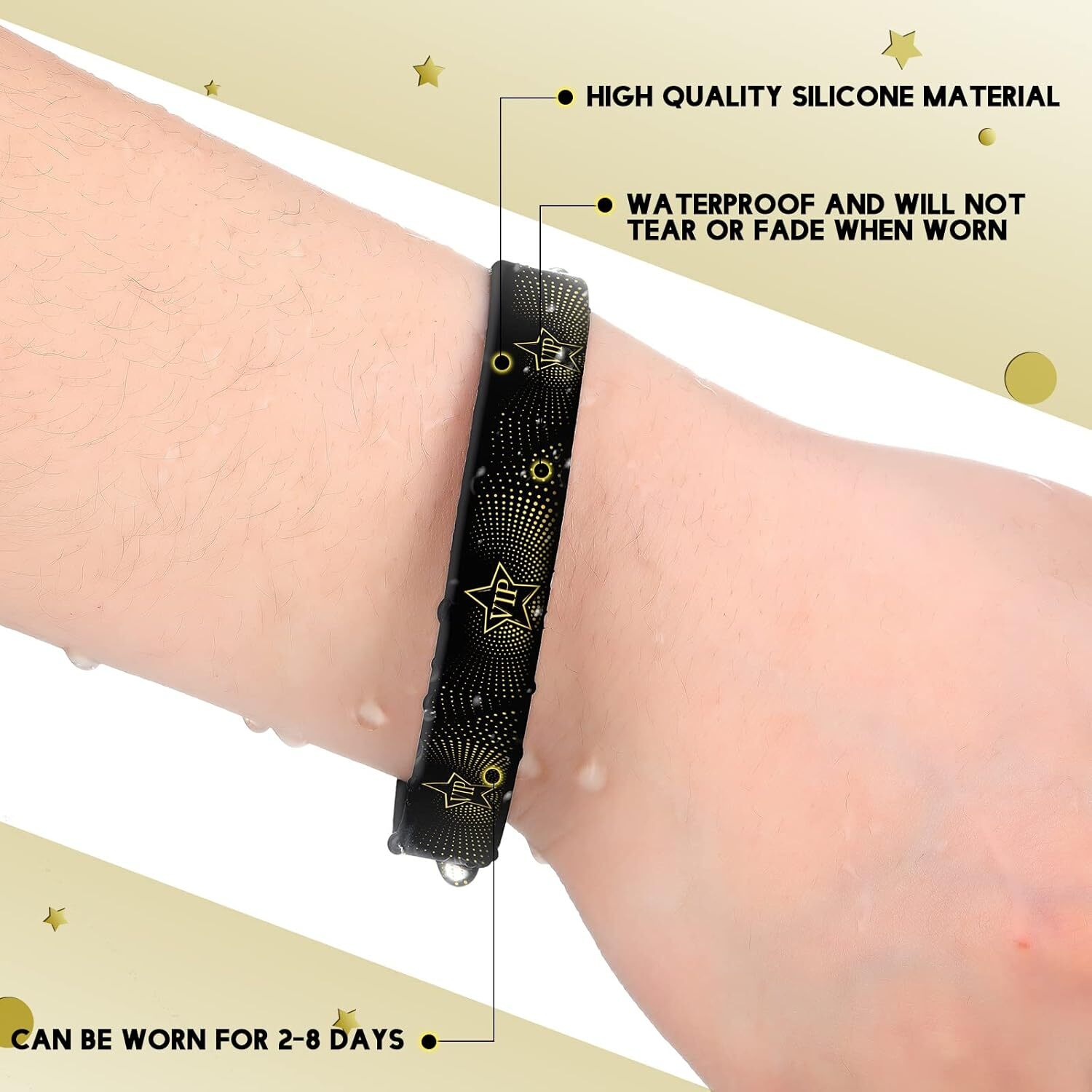 Sratte 30 Pcs VIP Wristbands Silicone 20 cm (8 inches), Black,Gold