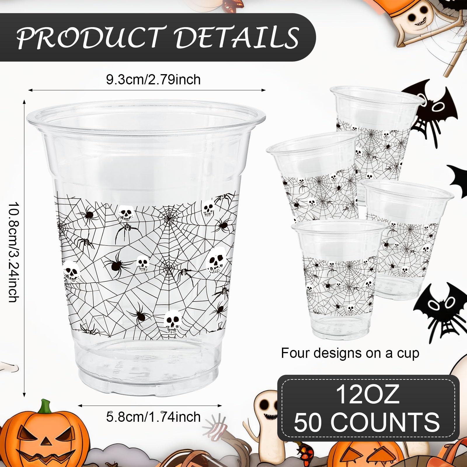 50 Pcs 12OZ Halloween Party Cups,Halloween Plastic Cups standard, Spider