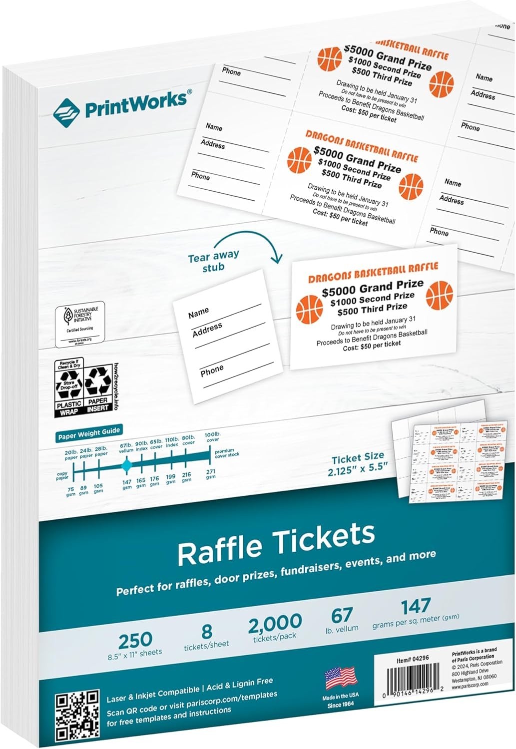 Printable Raffle Tickets With Tear-Away Stubs for Events & Fundraisers – 2000…