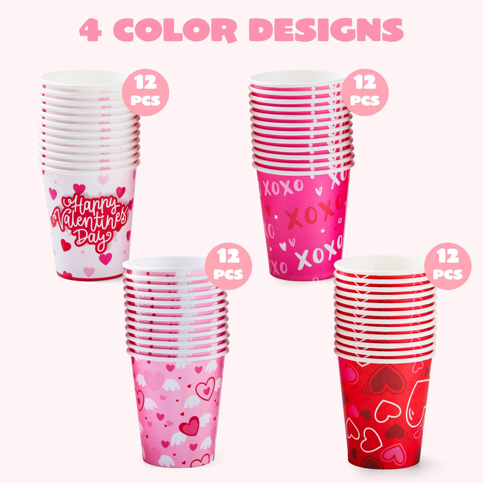 48 Pcs Valentine’s Day Disposable Cups, Paper Cocoa Cups with Pink Red Heart D