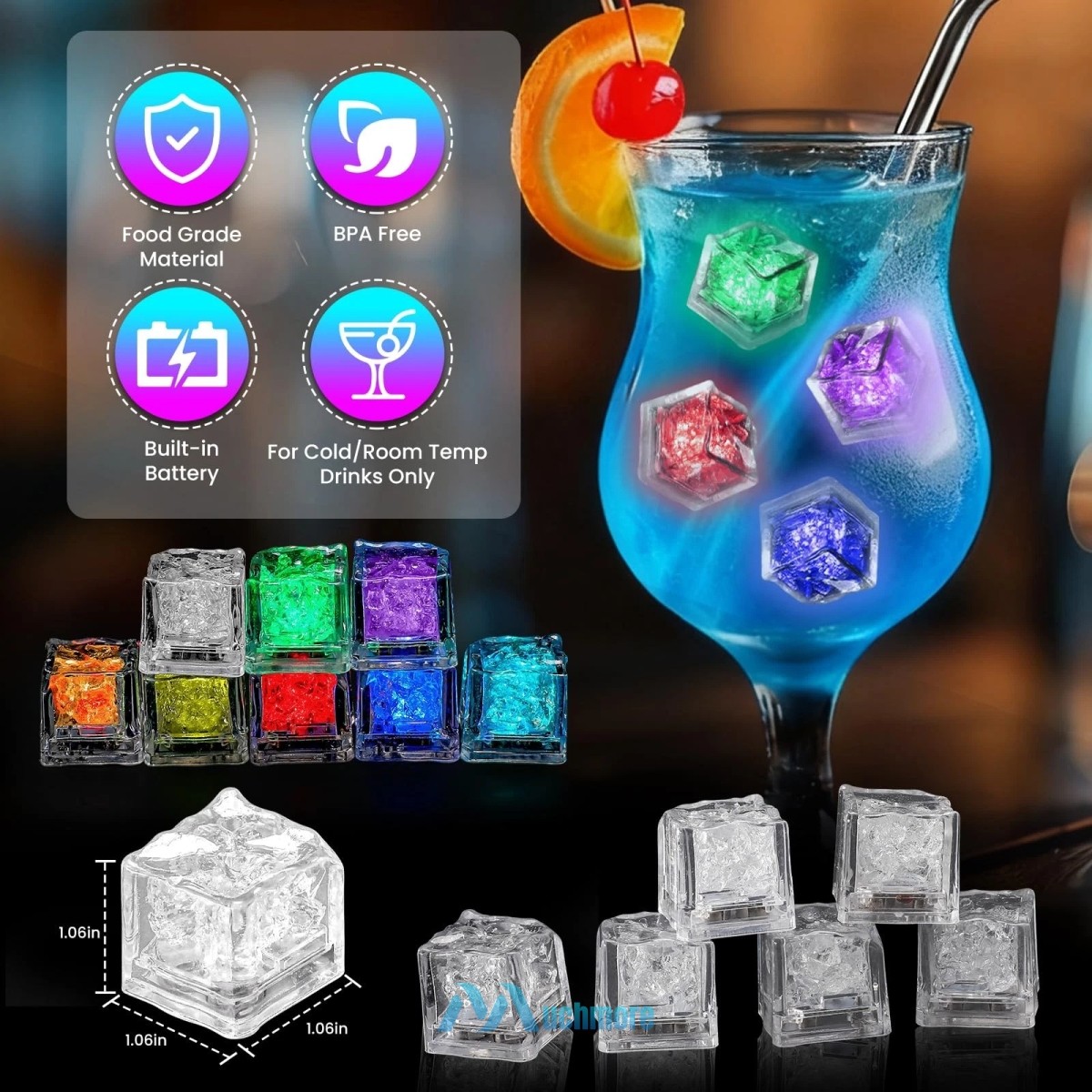 12~60Pcs Light up Ice Cubes for Drinks – Multi Color Fast Flashing Led Ice Cubes