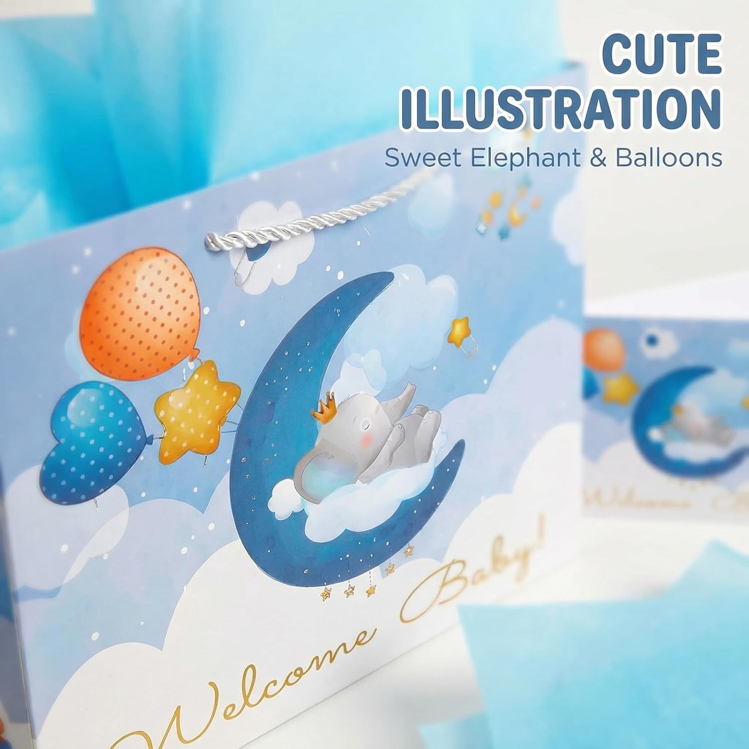 Baby Boy Bag with Tissue Paper & Card, Lar Blue Elephant Bag