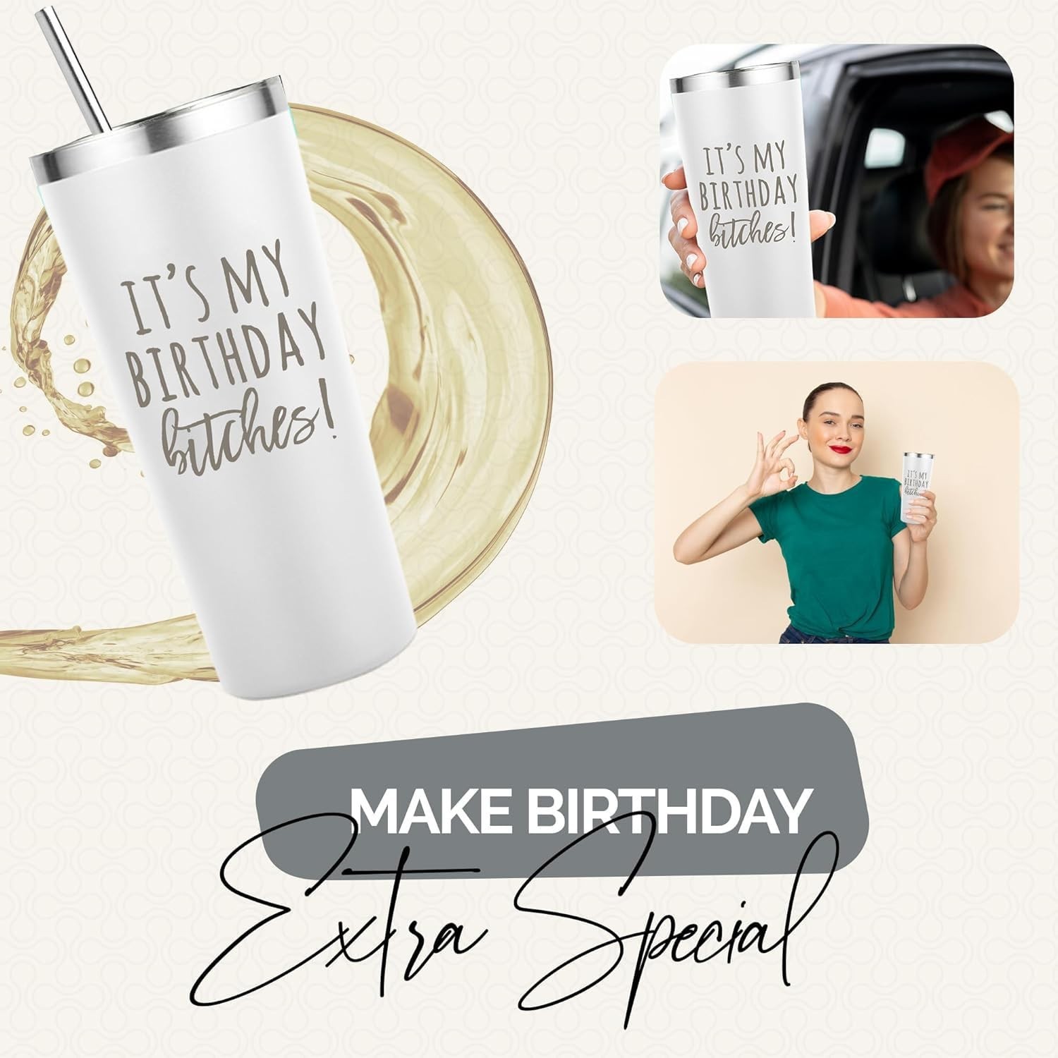 Birthday Bitches Wine Tumbler – 22 oz Stainless Steel Insulated Cup, Uniqu