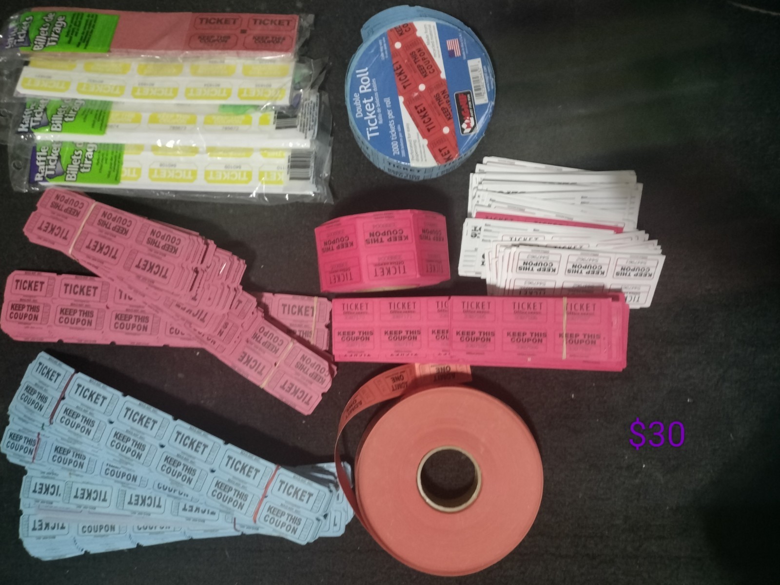 Double Stub Raffle Tickets – Lot Of 3 – Full And Partial Rolls – Un-Used