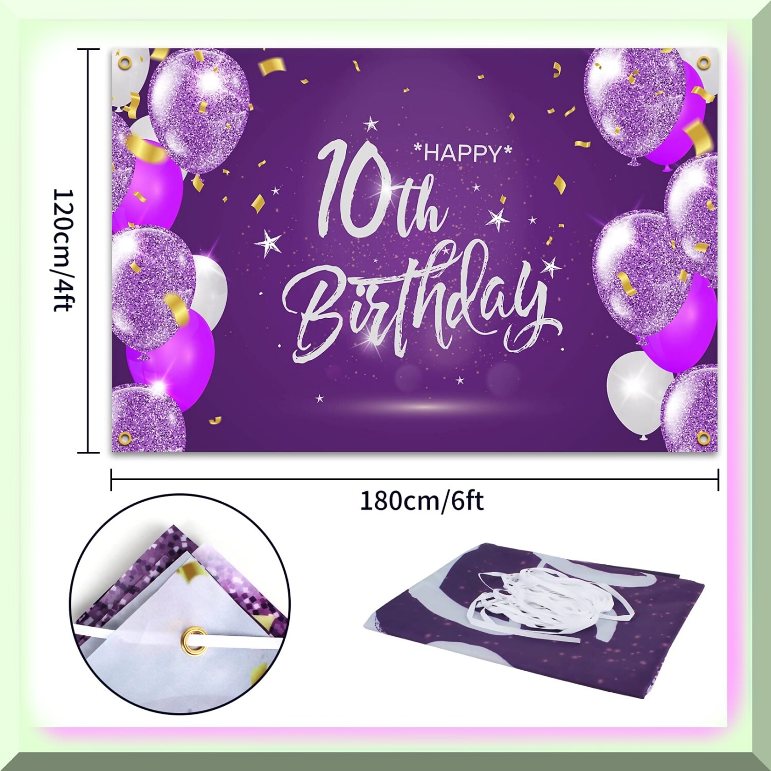 Purple 10th Birthday Party Backdrop Banner with Ribbon