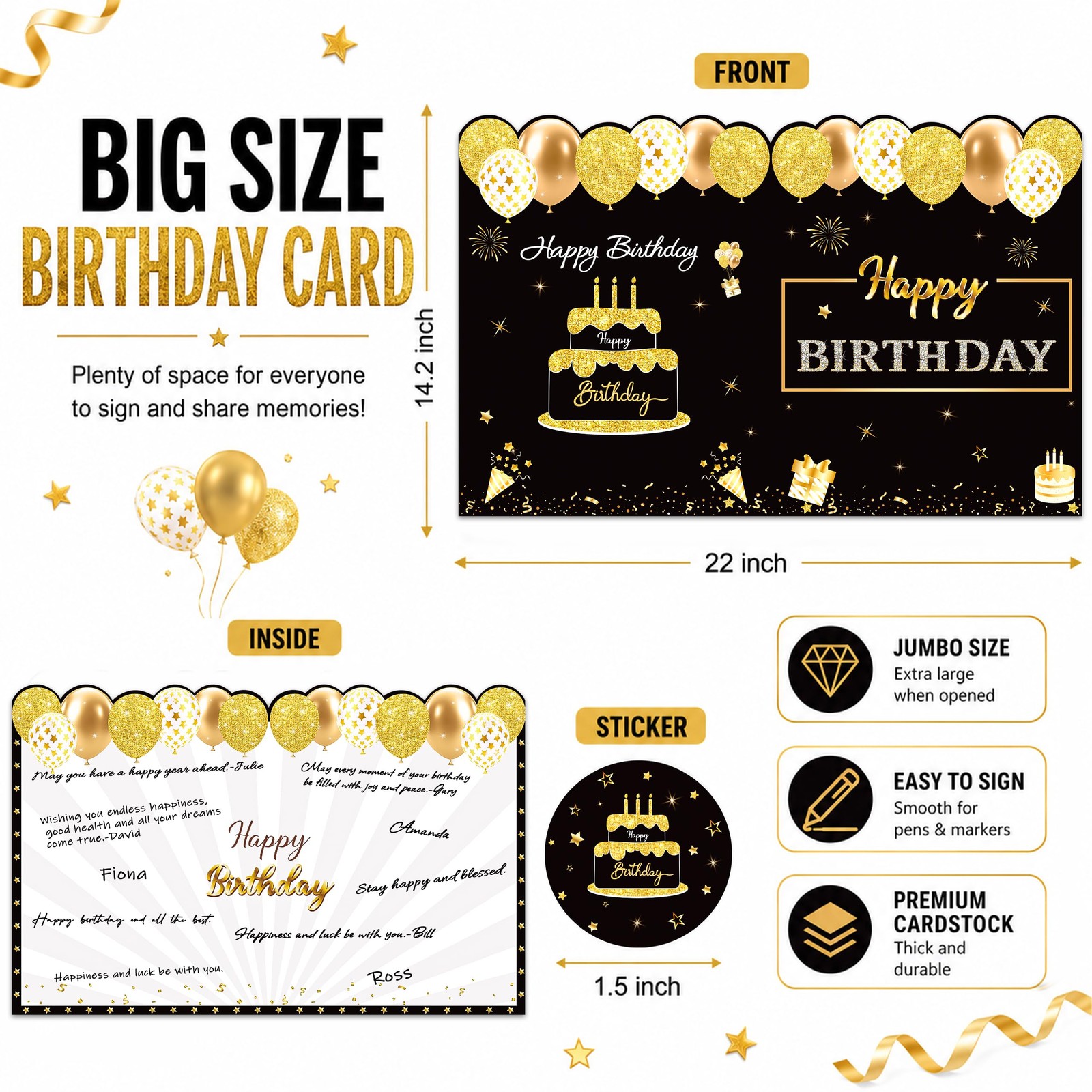 WNINK Jumbo Birthday Card with Envelope, Black 22 x 14 inches, Gold