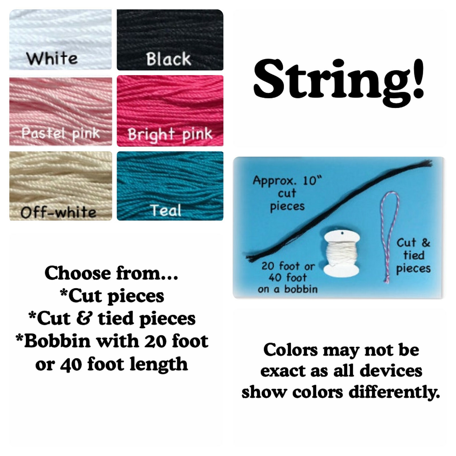 Hang tag string white pink black off white teal knotted string tied or not tied
