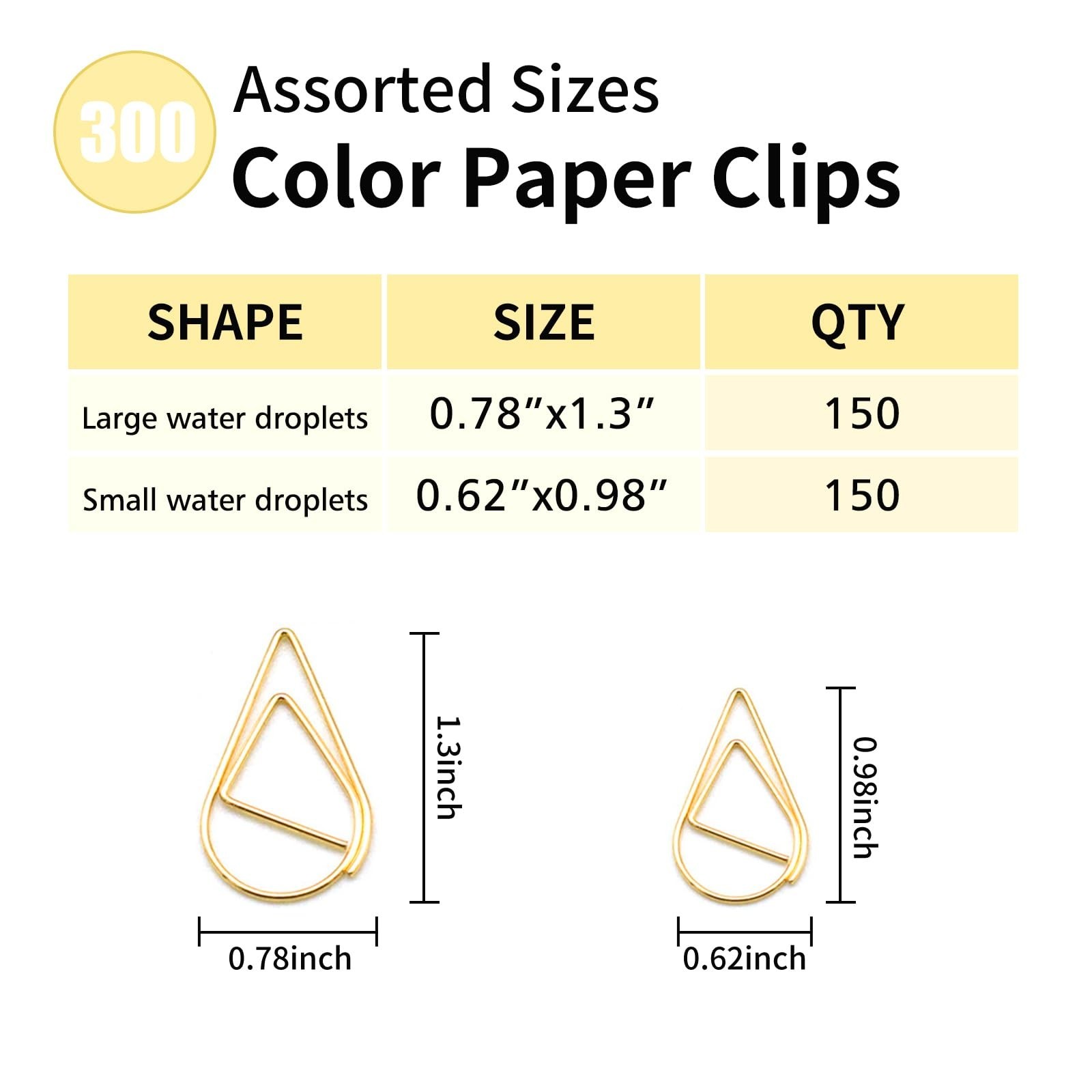 300 Pcs Gold Drops Shaped Paper Clips Set, 150 Pcs Medium Shape and 150 Pcs M…
