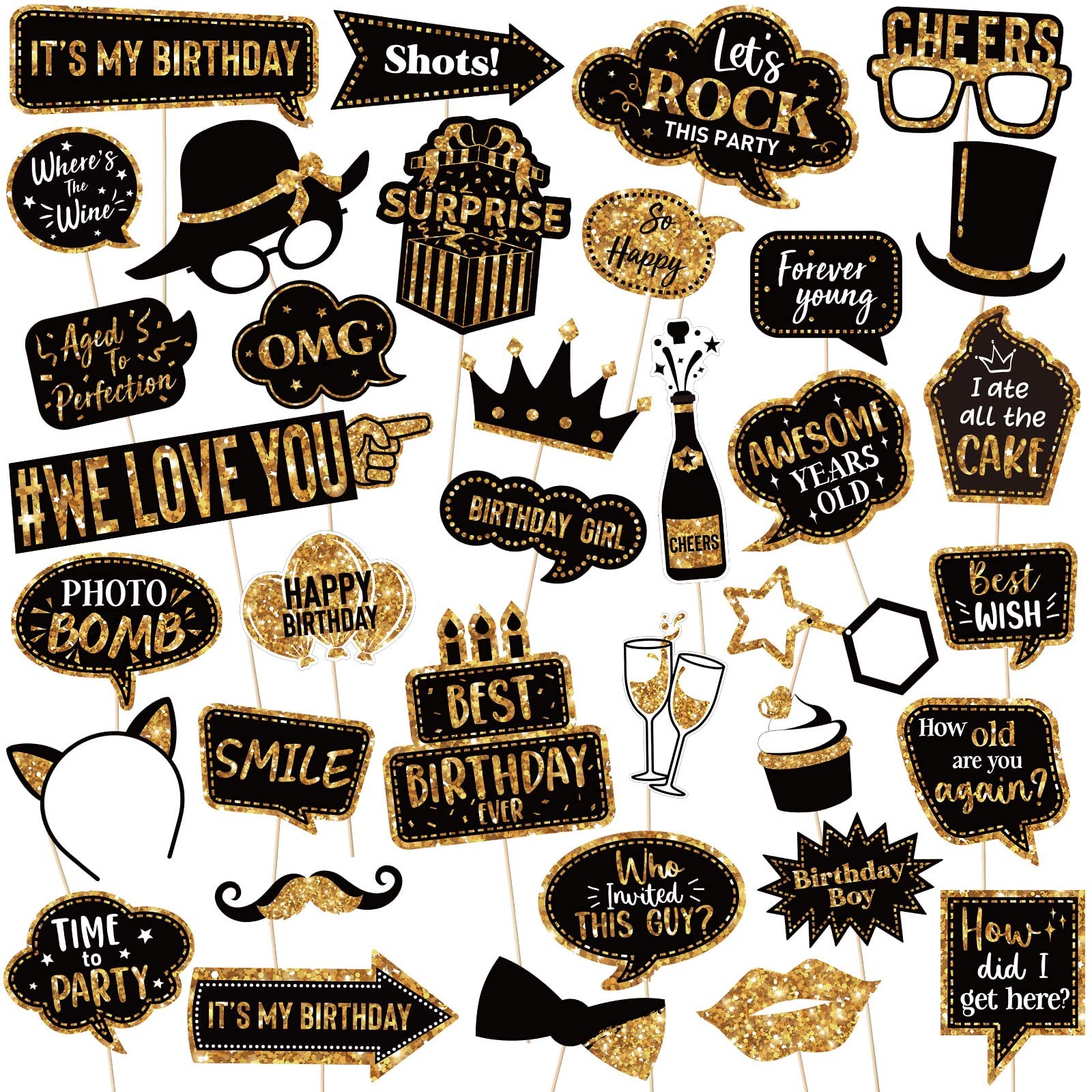 Outus 36 Pcs Birthday Photo Booth Props Kit Happy Gold and Black