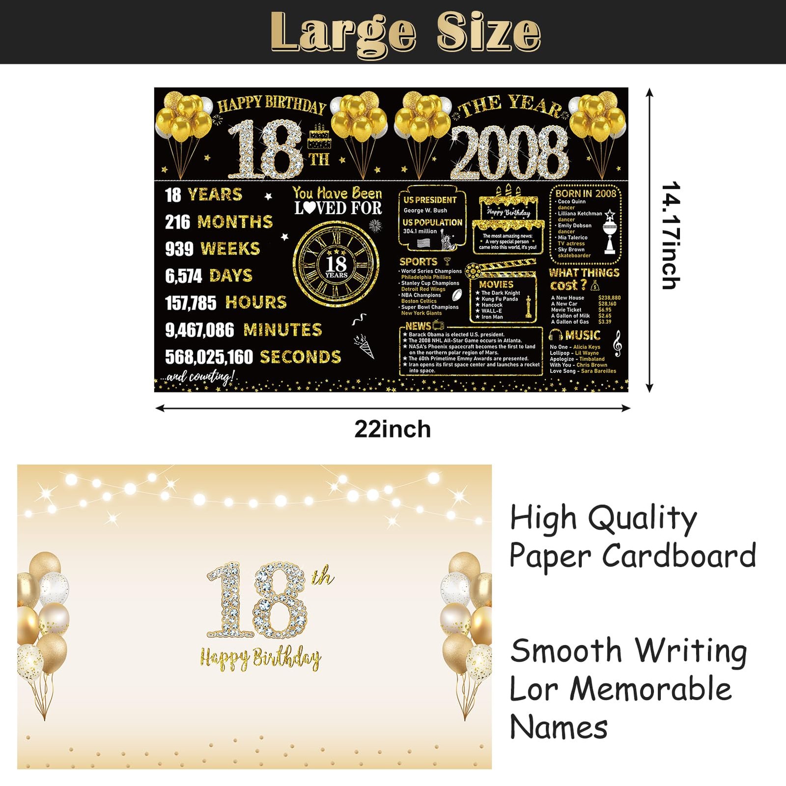 Kuxriox Large 18th Birthday Card With Envelope, Extra large, Black gold