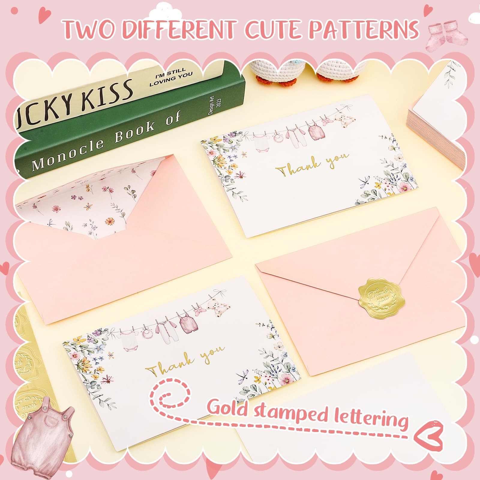 Thboxes 50 Pack Pink Baby Shower Thank You Cards with 6 x 4 inches,