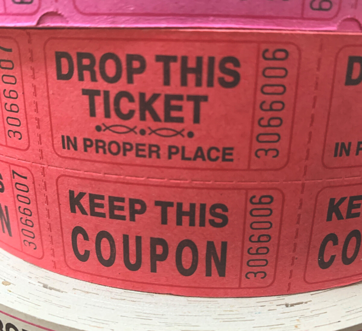 Raffle Tickets Roll of 2000 Double Stub Keep This Coupon Carnival Ticket RED