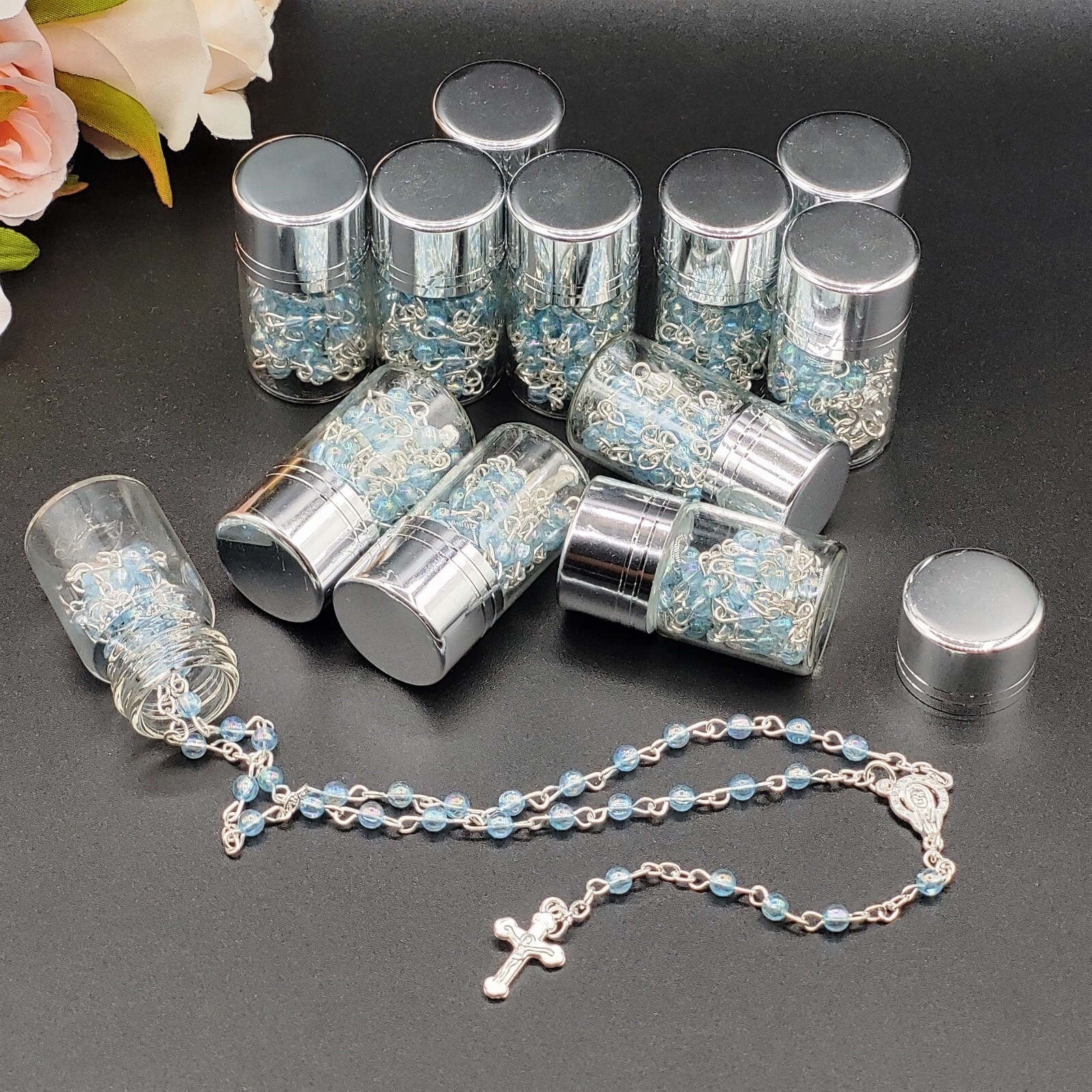 12 Blue Clear Rosary Crucifix Silver Bottle Recuerdos de Bautizo Holy Communion
