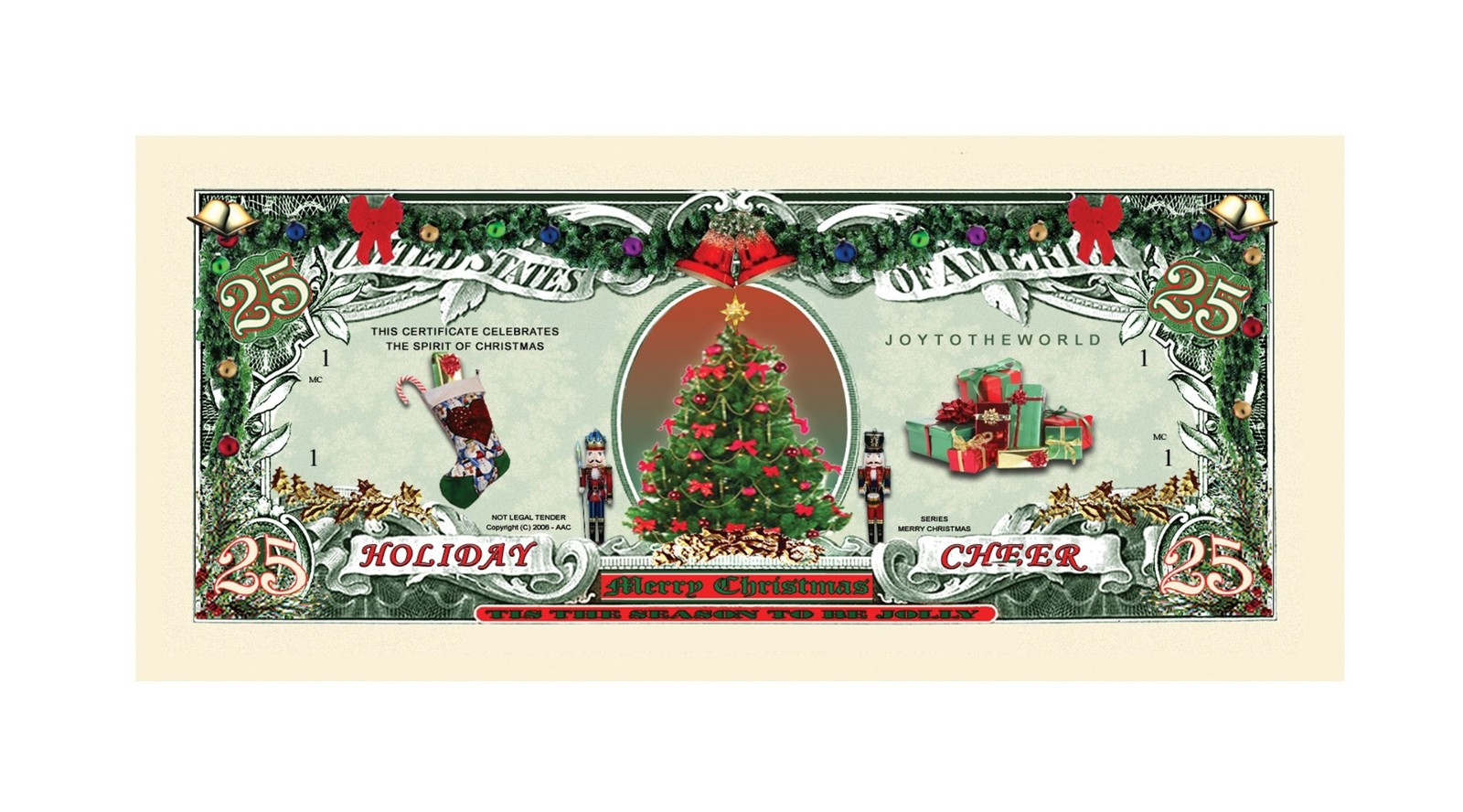 10 TOTAL – Christmas Tree Holiday Santa $25 Dollar Novelty Play Money Gift Bills