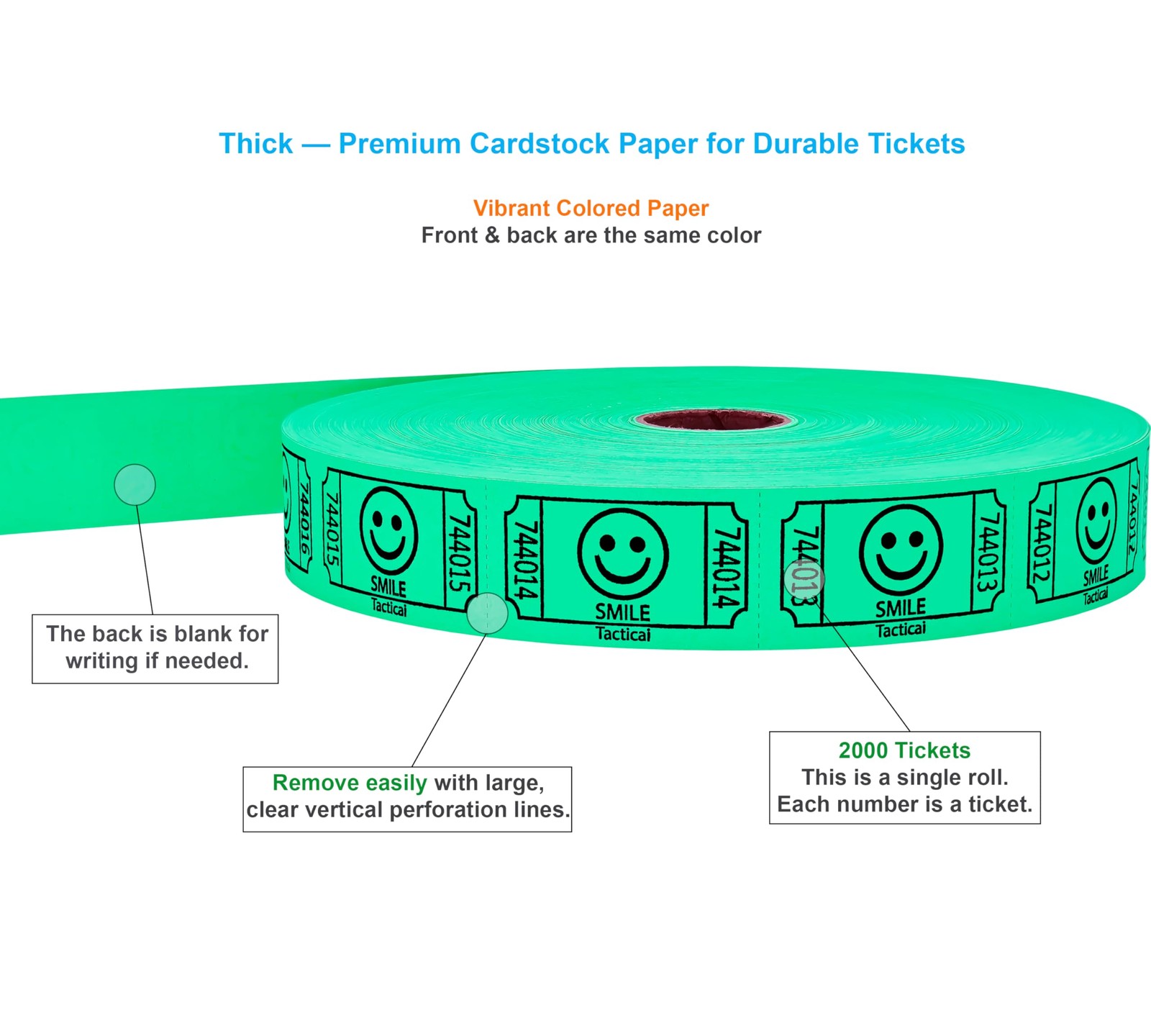 2000 Raffle Tickets Smile Green Single Roll Events Entry Fundraiser Prize