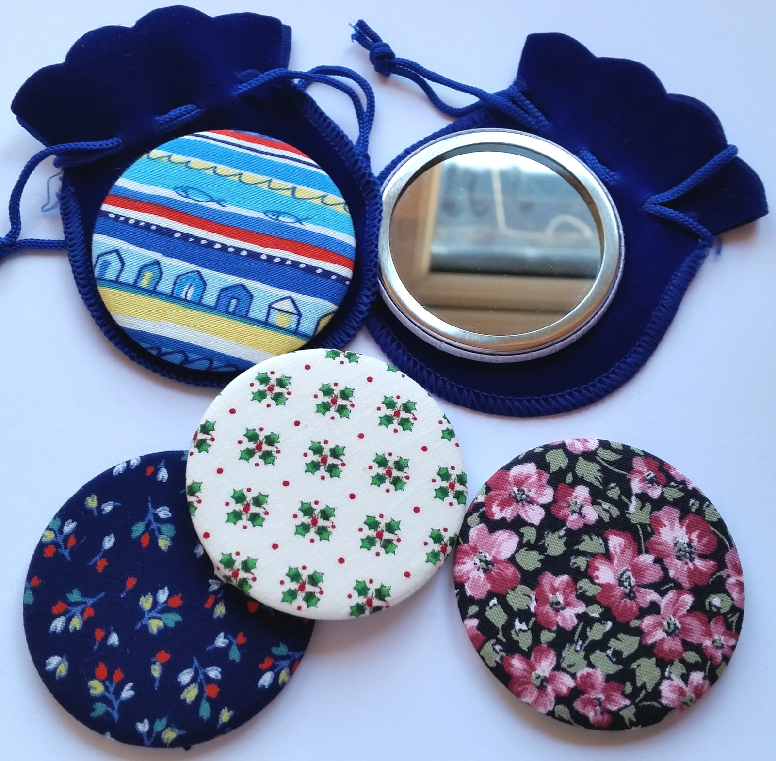 Beautiful Fabric Floral, Holly Christmas, Beach Hut themed handbag Mirror Gifts