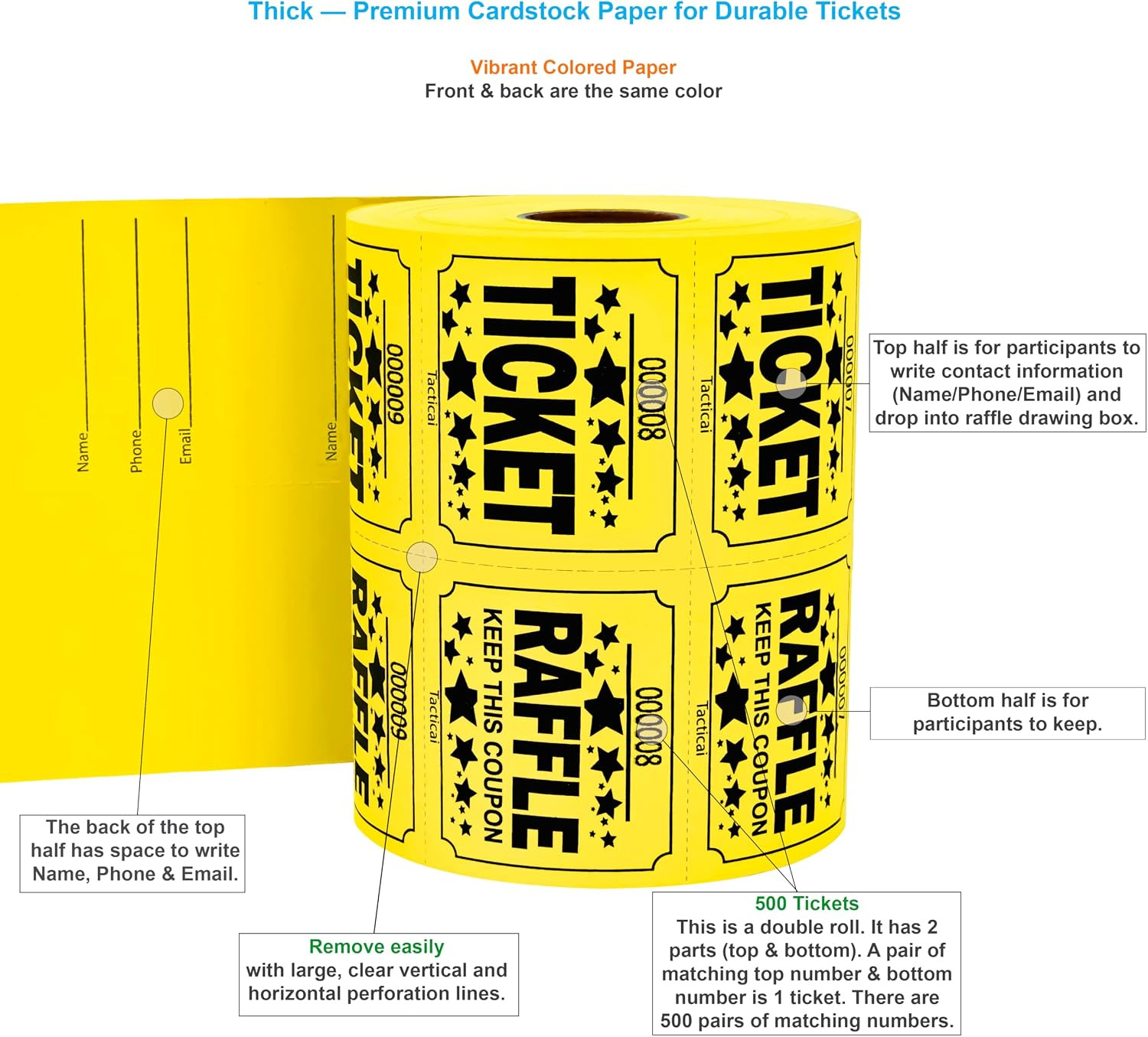 500 Raffle Tickets, Yellow (1 of 8 Colors), Double Roll, Large Ticket for Events