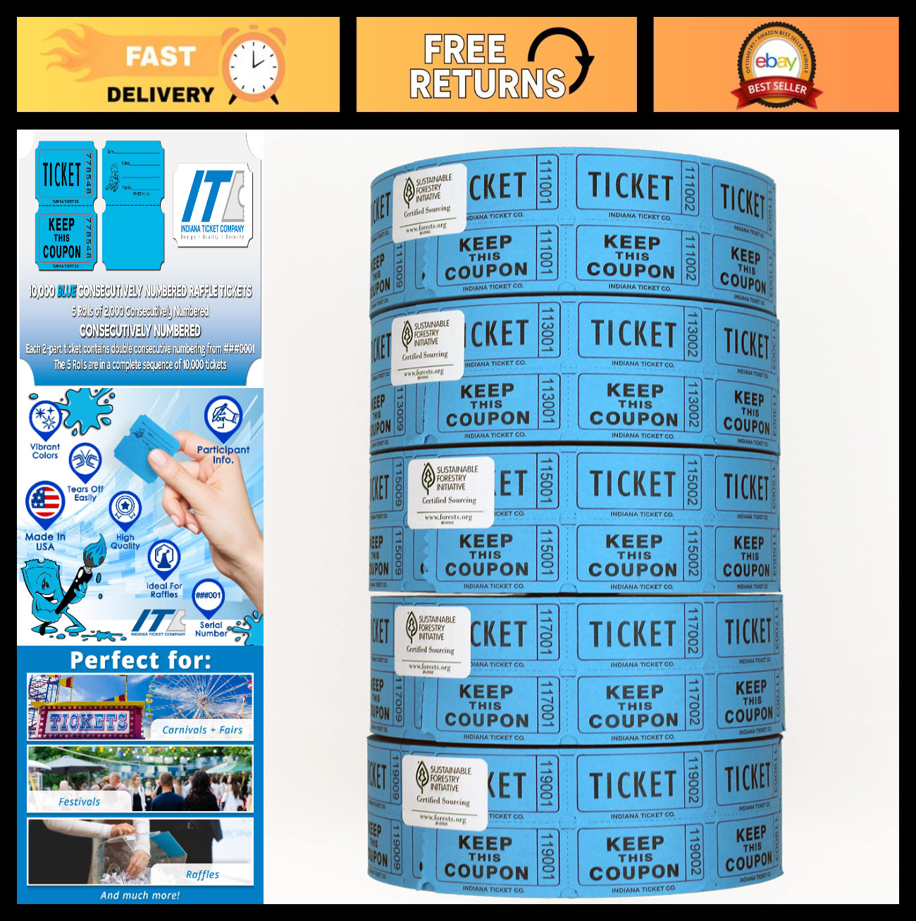 10,000 Blue Consecutively Numbered Raffle Tickets – 5 Rolls for Fundraisers, Eve