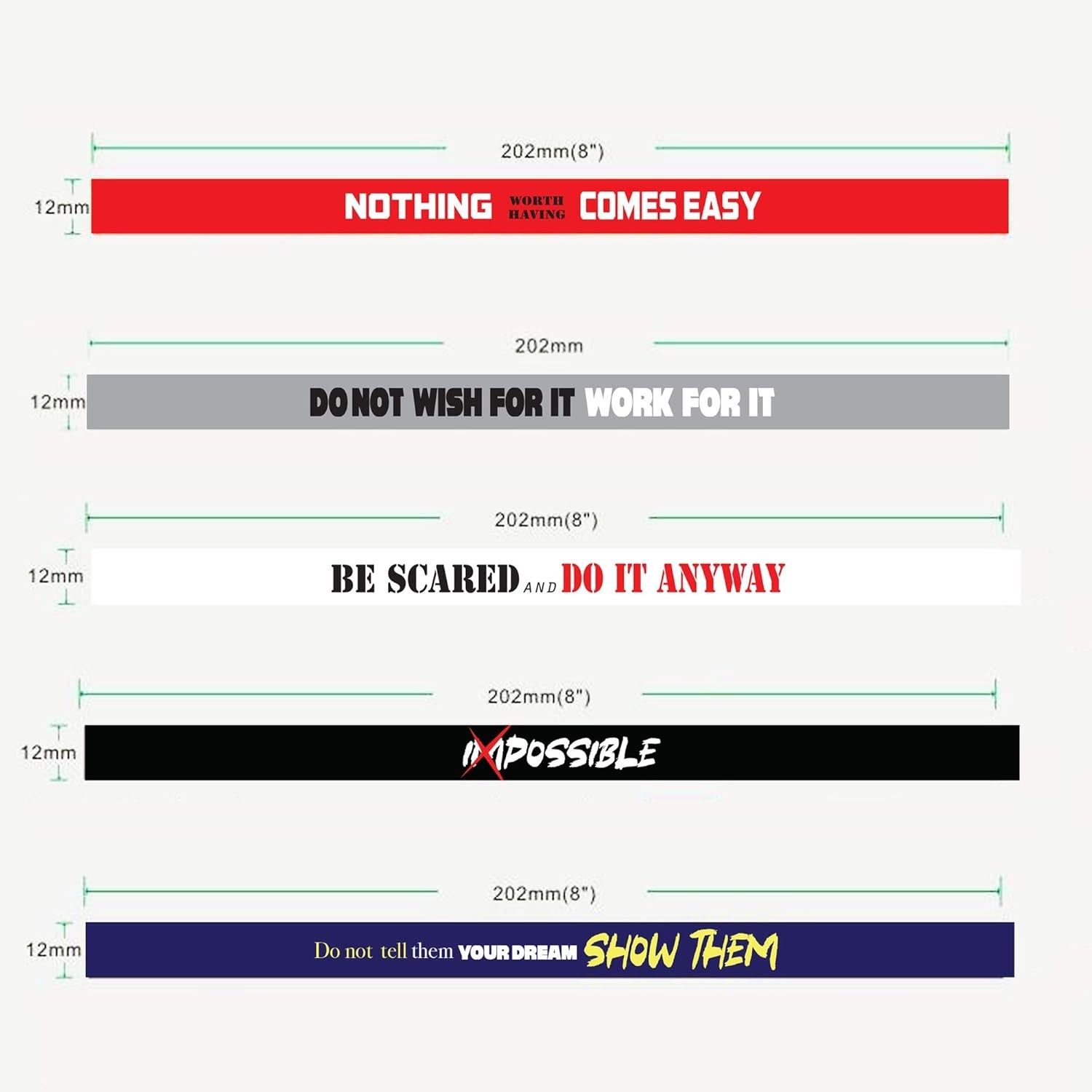 12 Pack Motivational Wristbands for Men, Women & Teens, 12×8” multi-color