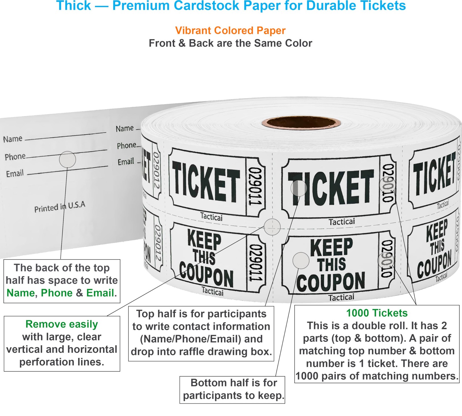1000 Raffle Tickets White Double Roll Event Entry Fundraiser Reward Prize