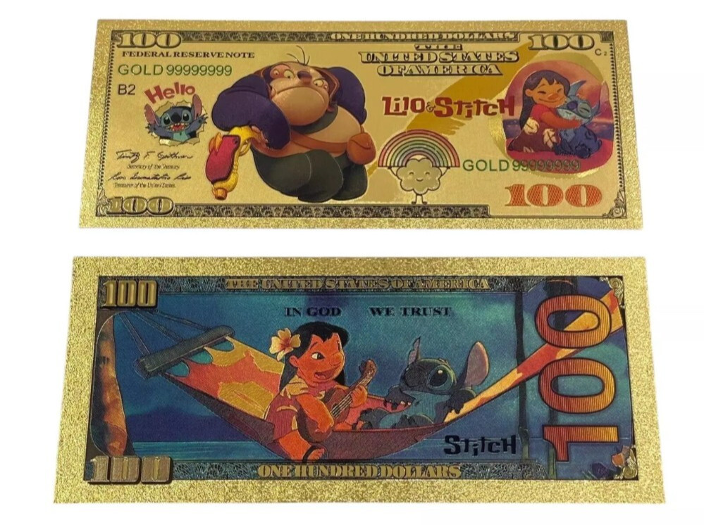 24k Gold Foil Plated Lilo and Stitch Banknote – Set of 9 Disney Party Favors