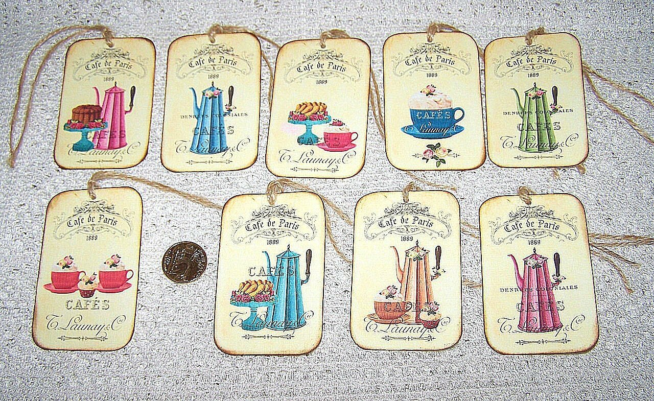 9~Vintage~French~Cafe De Paris~Patisseries~Coffee~Linen Cardstock~Gift~Hang~Tags
