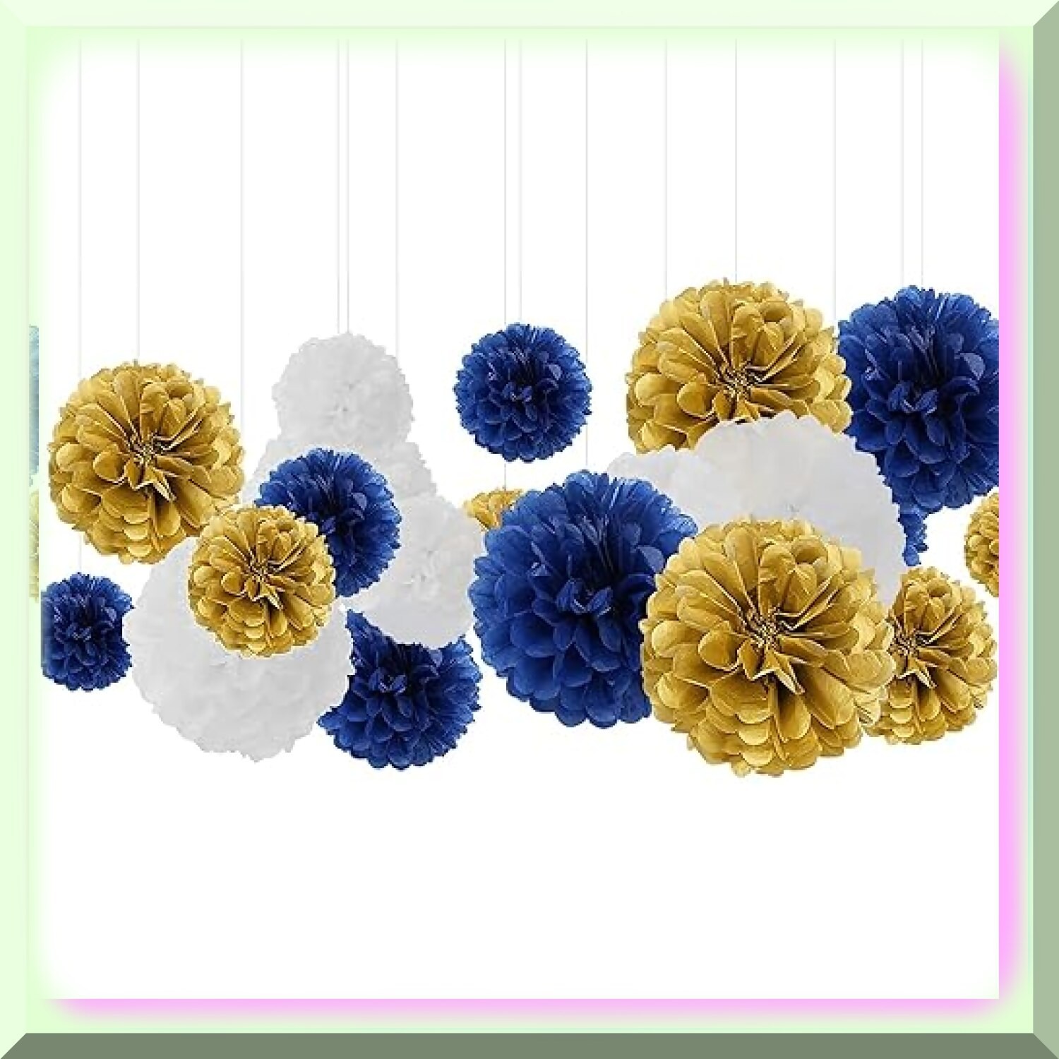 Navy Blue Gold White Paper Pom Poms Kit