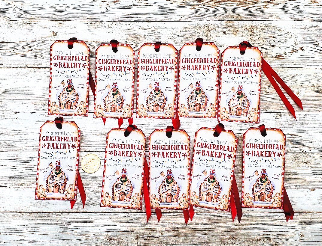 10-Christmas-Gingerbread-House-Cookie-Bakery-Linen Cardstock-Gift-Hang-Tags