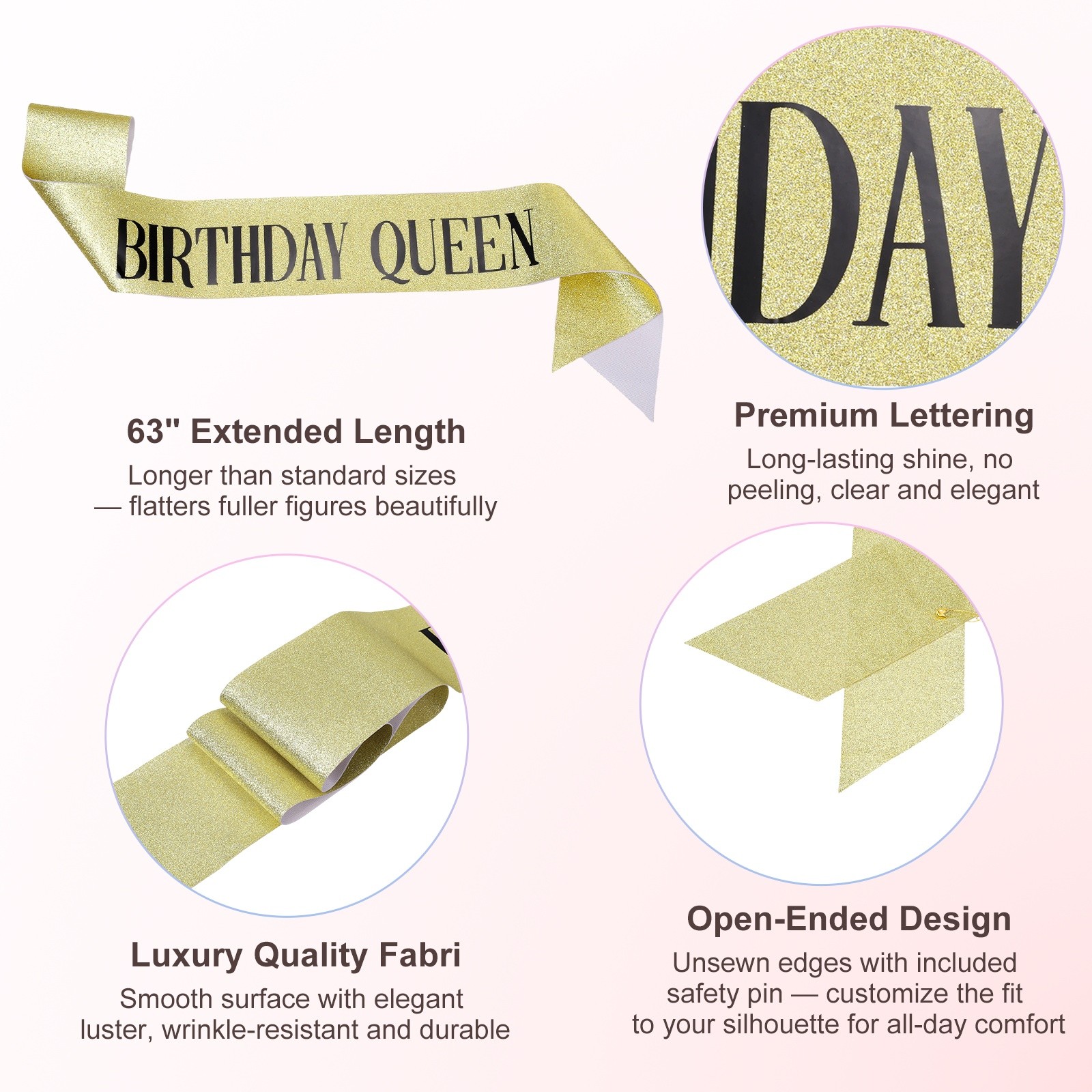 1-Pack Birthday Sash, Sequined Fabric Birthday Gift [Gold with Black Text]