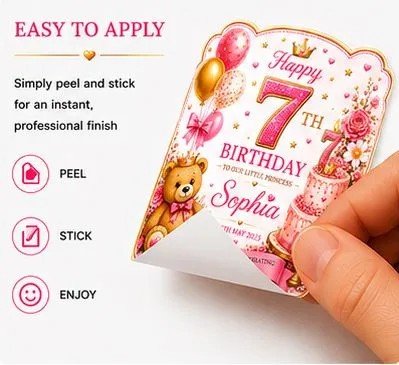 Personalised 7th Birthday Bottle Label Custom Girl Pink Wine Bottle Sticker