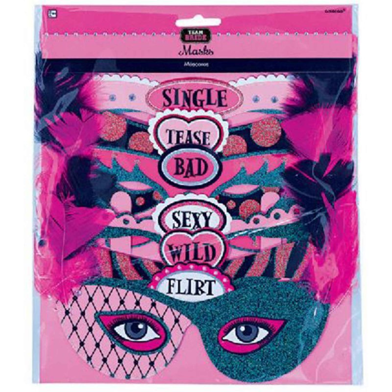 Hens Night Team Bride Eye Masks 6pk Glittered + Feathered – Hens Party Supplies
