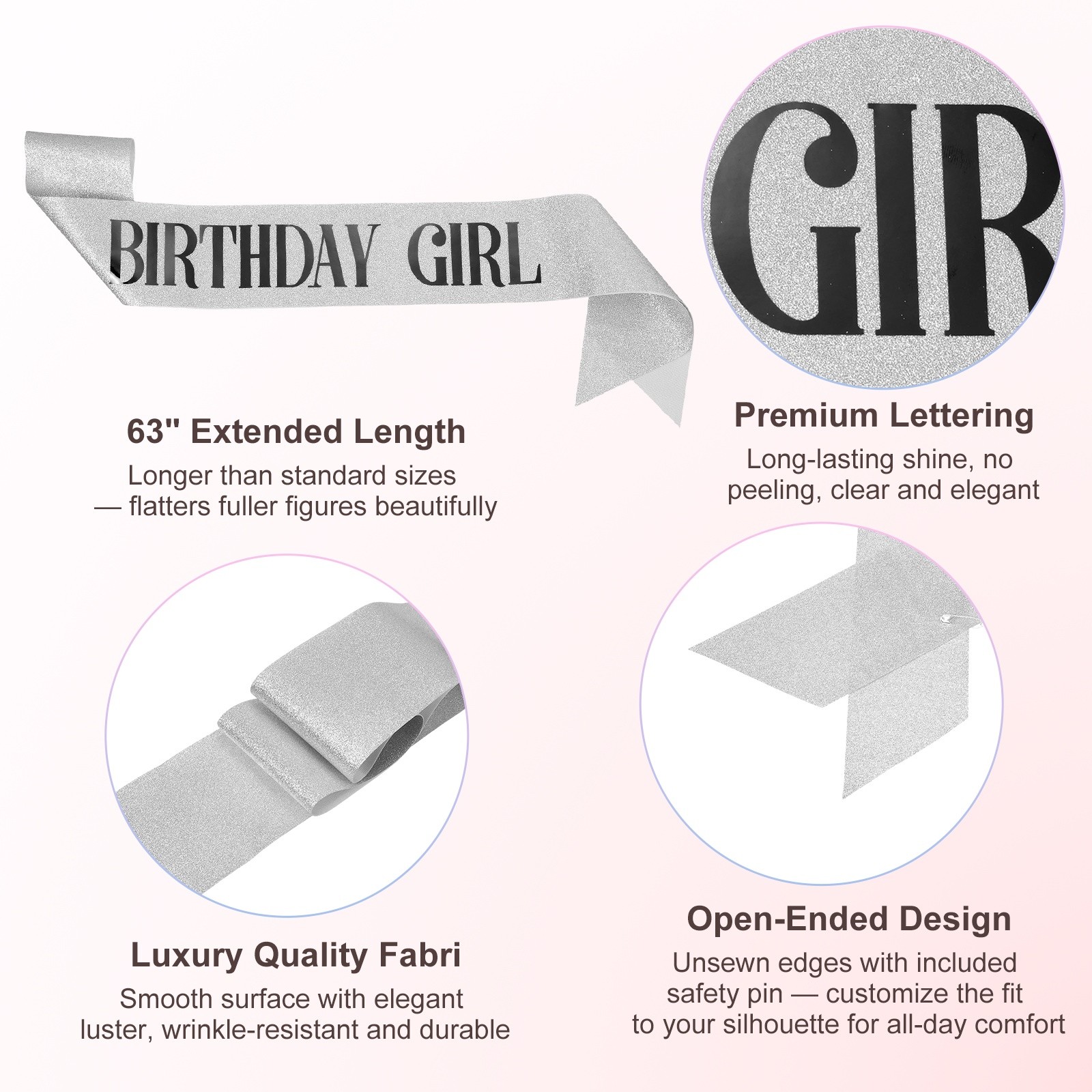 1-Pack Birthday Sash, Sequined Fabric Birthday Gifts [Silver with Black Text]
