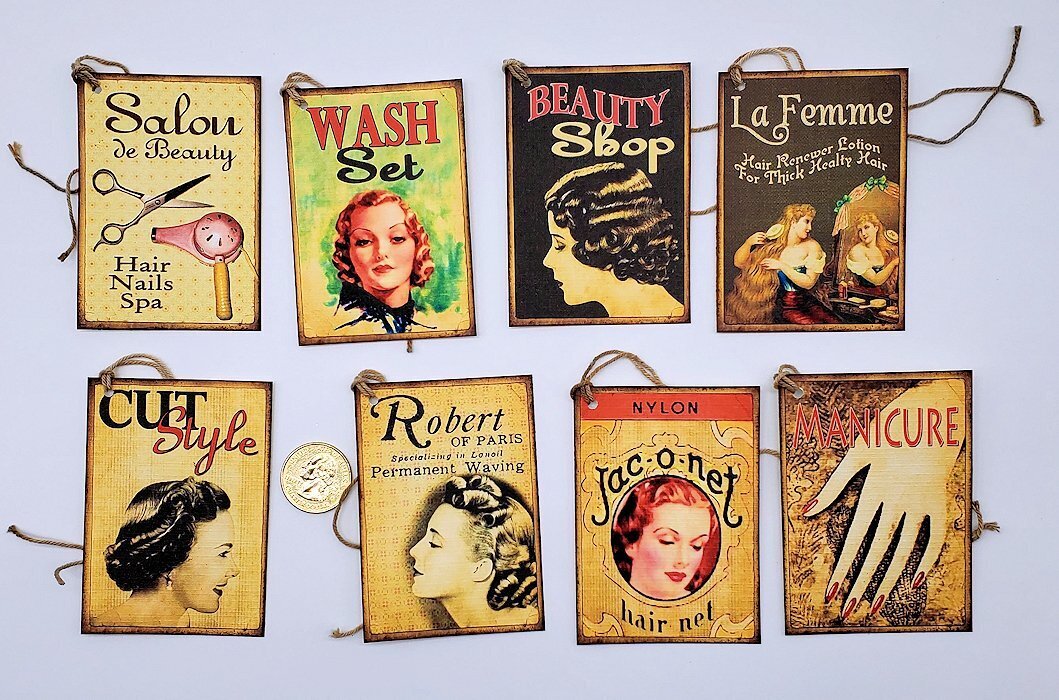 8-Vintage-Salon-Beauty Shop-Journal-Linen Cardstock-Hang-Tags